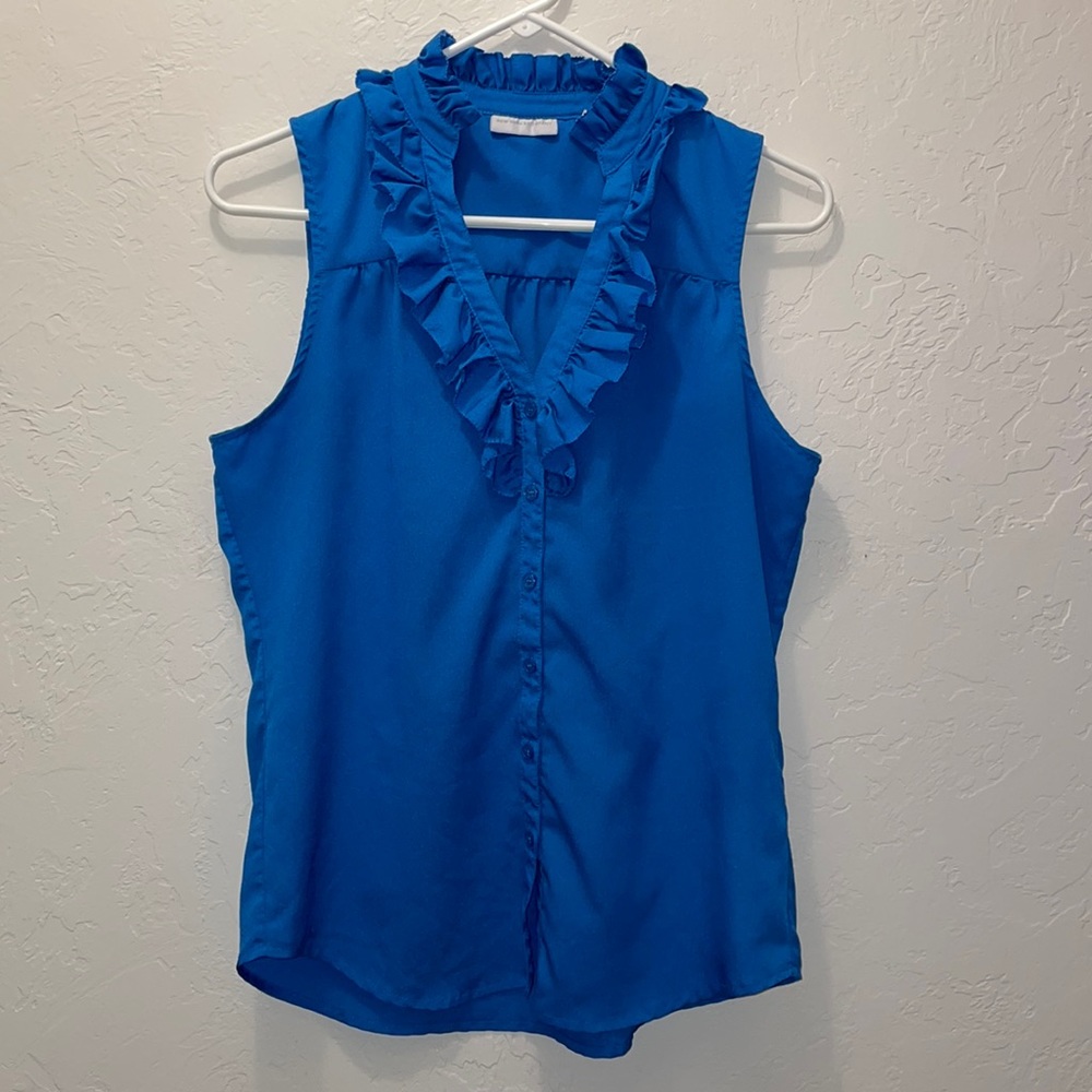 •NEW YORK & COMPANY•BLUE RUFFLE BUTTON DOWN TANK TOP BLOUSE SIZE SMALL. EUC - Picture 7 of 7